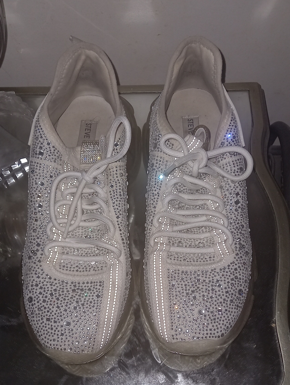 Steve Madden White Crystal-Studded Lace-Up Sneakers